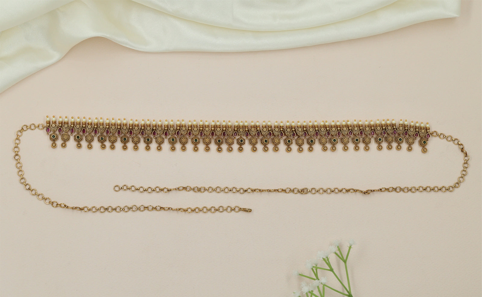 Crescent Fringe Antique Waist Belt with Hanging Disc Border