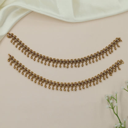 Carved Bell Antique Payal with Traditional Fringe Styling