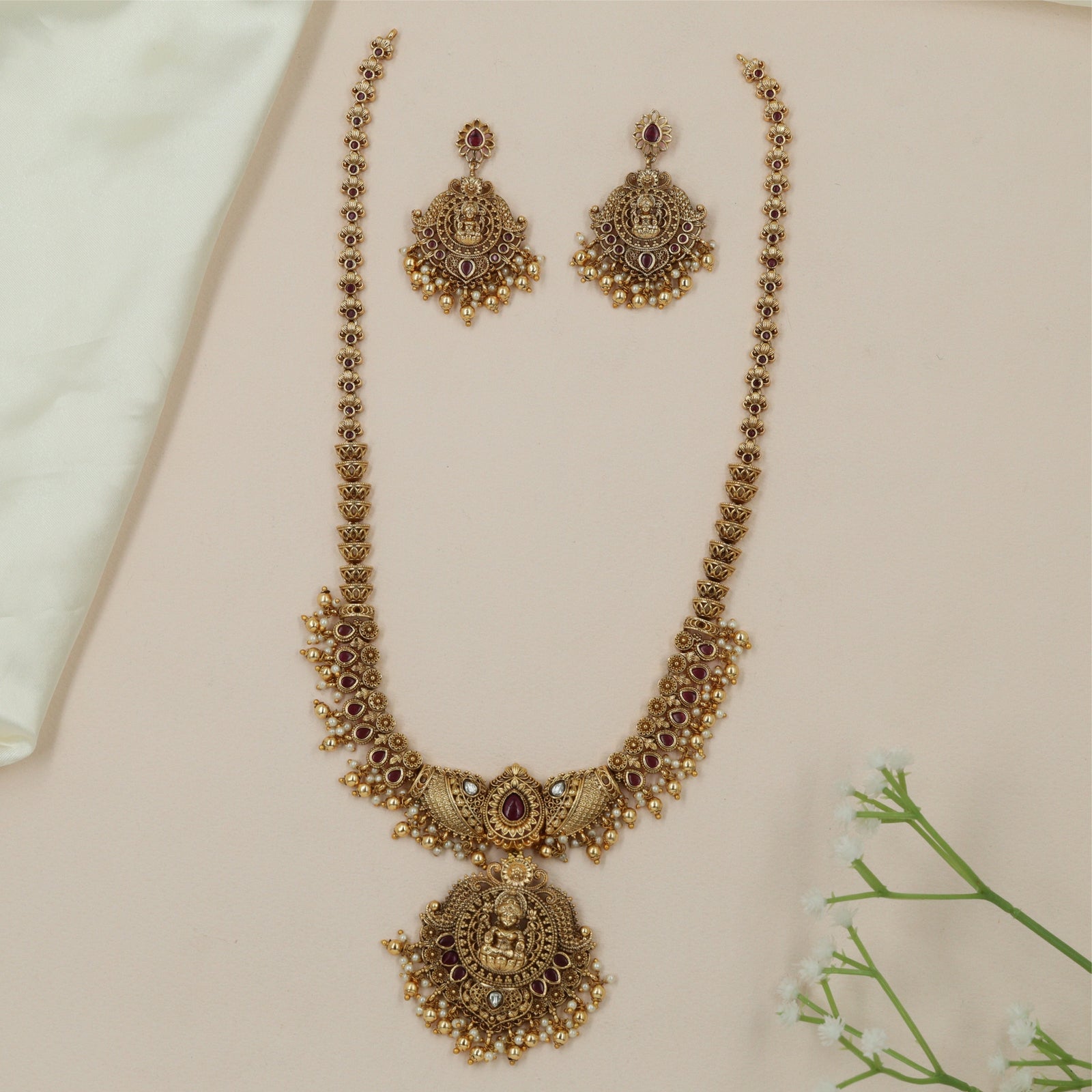 Embossed Lakshmi Antique Long Hara with Dangling Fringe Edge
