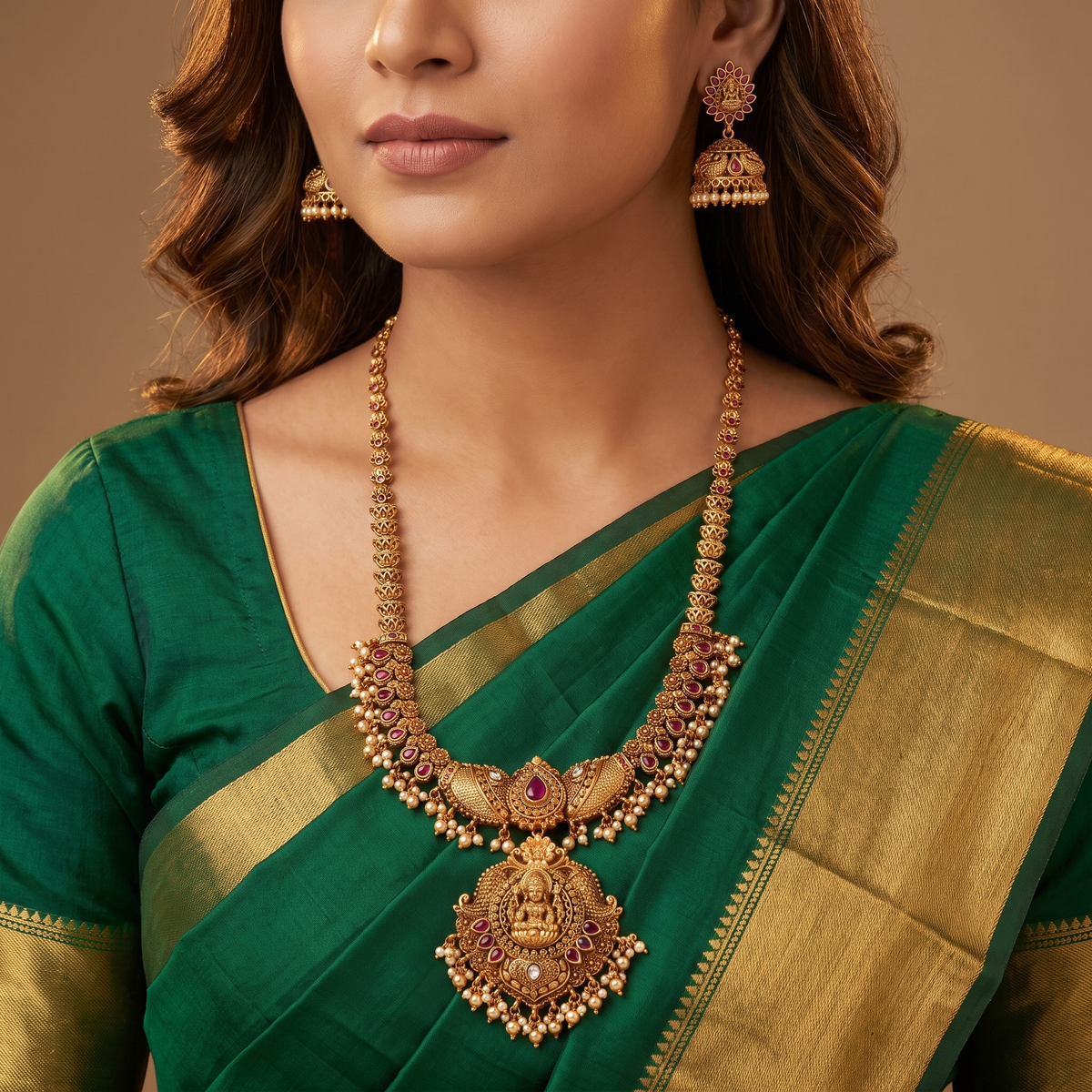 Embossed Lakshmi Antique Long Hara with Dangling Fringe Edge