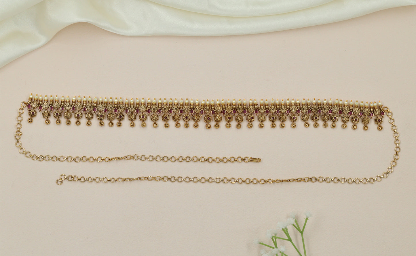 Crescent Fringe Antique Waist Belt with Hanging Disc Border