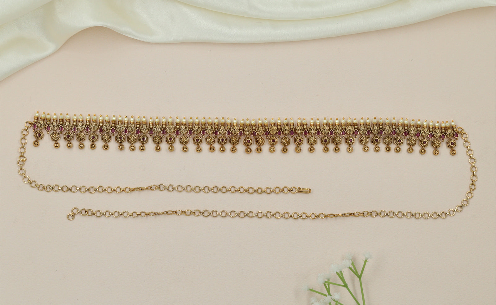 Crescent Fringe Antique Waist Belt with Hanging Disc Border