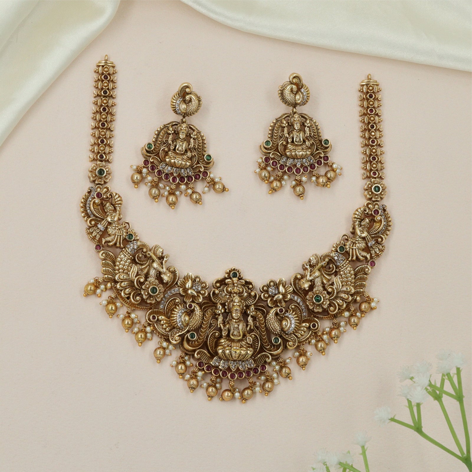 Sculpted Lakshmi Antique Necklace with Floral Arch Panels