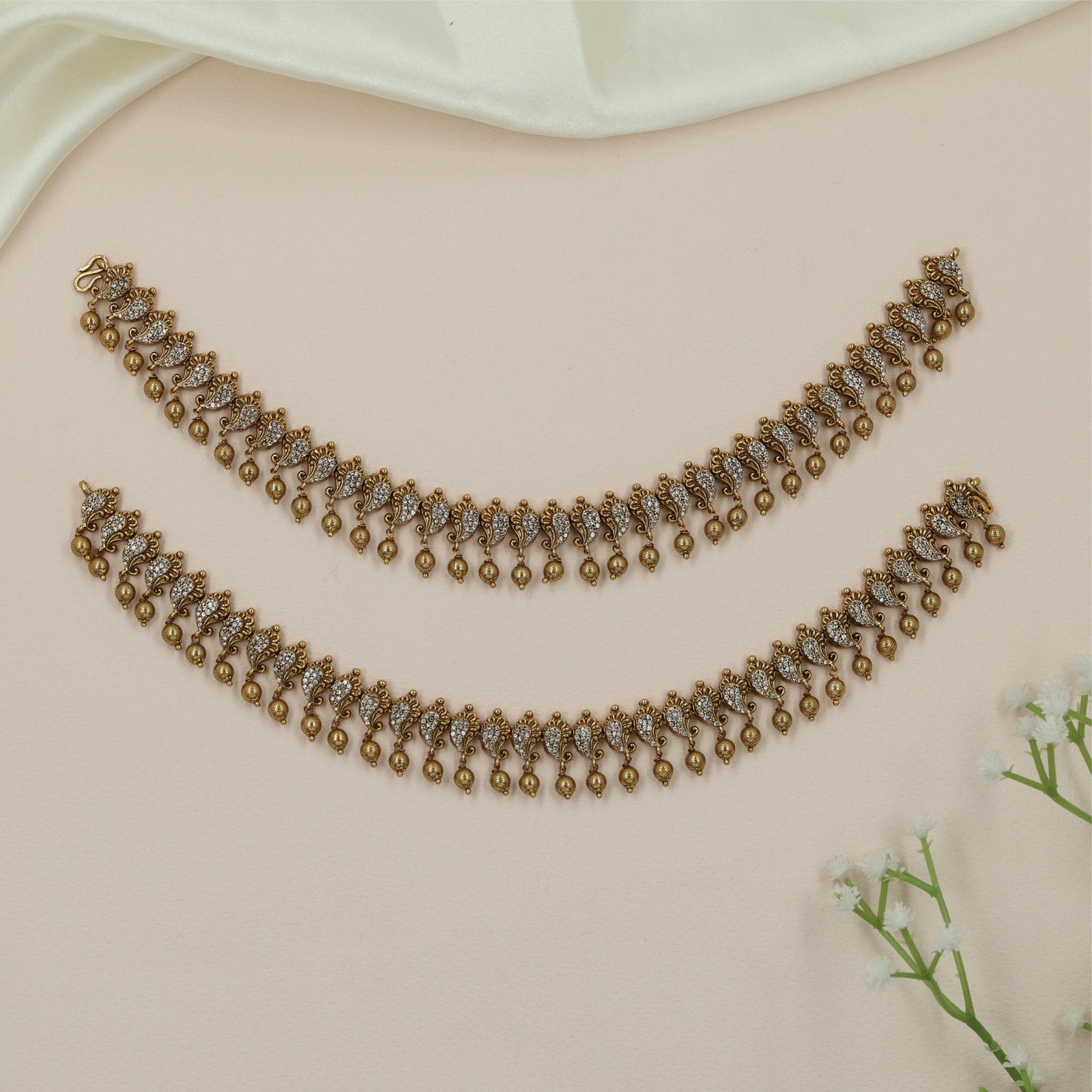 Peacock Drape Antique Payal with Dangling Bell Borders
