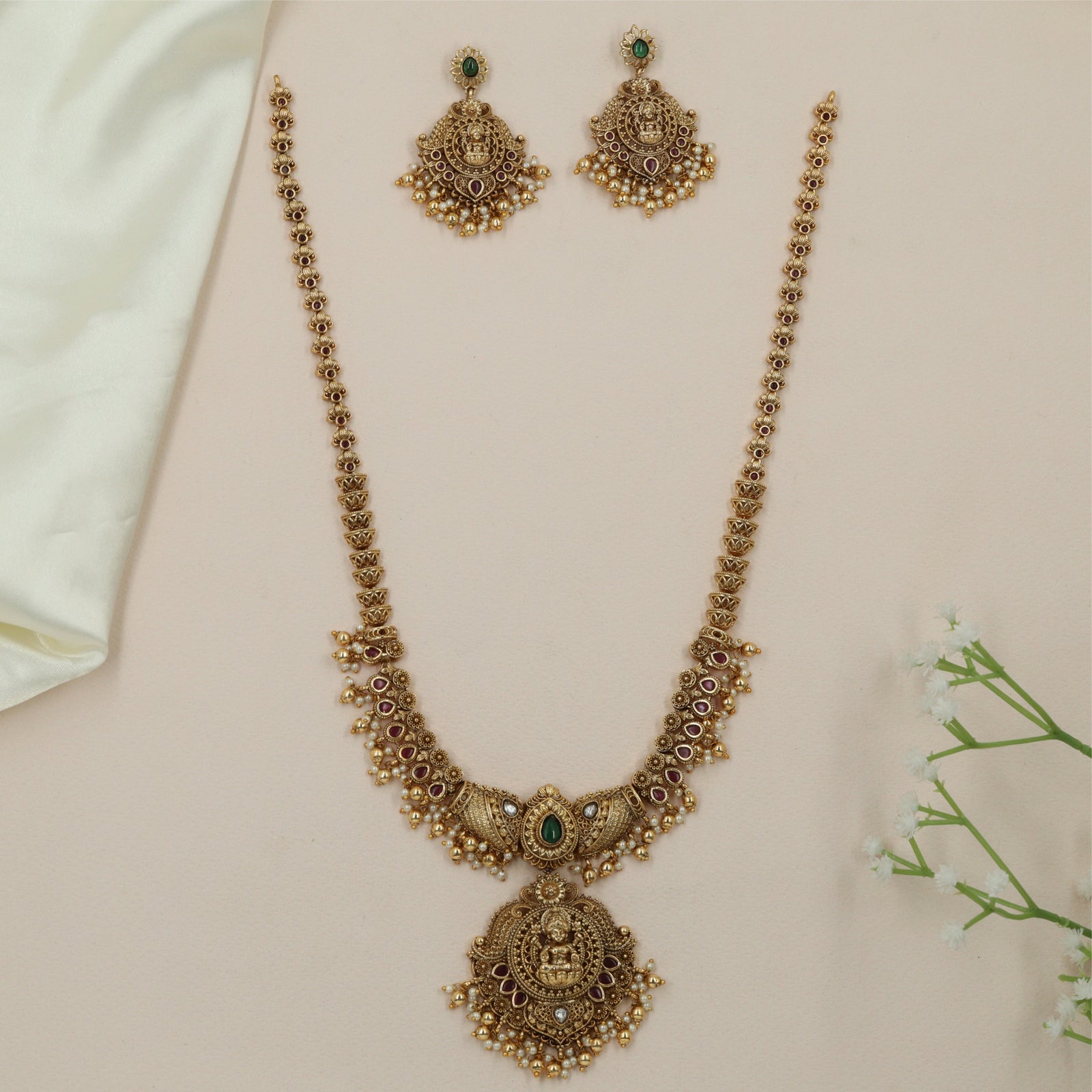 Embossed Lakshmi Antique Long Hara with Dangling Fringe Edge