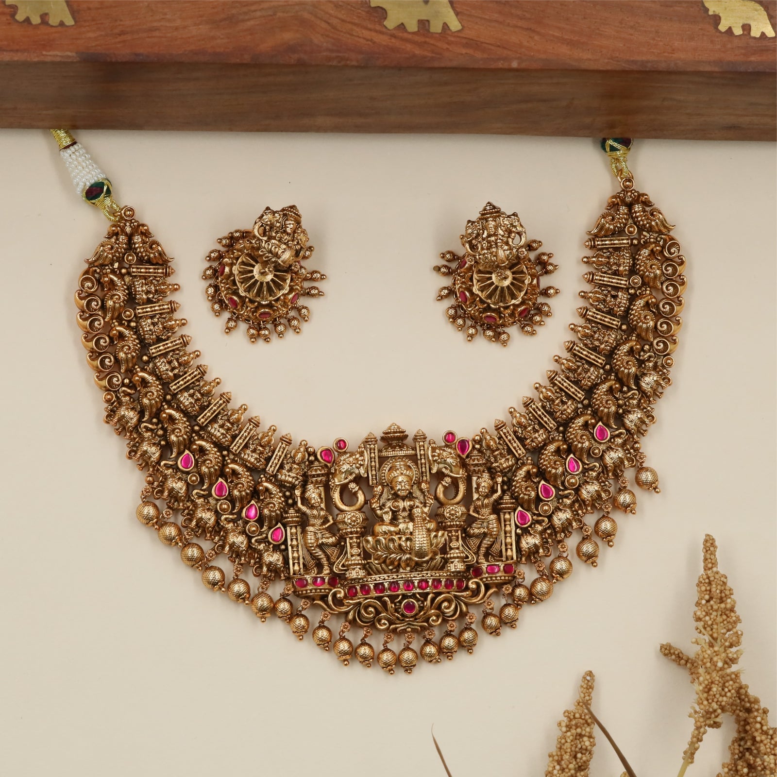 Crescent Lakshmi Antique Necklace with Temple Pillar Center Detailing