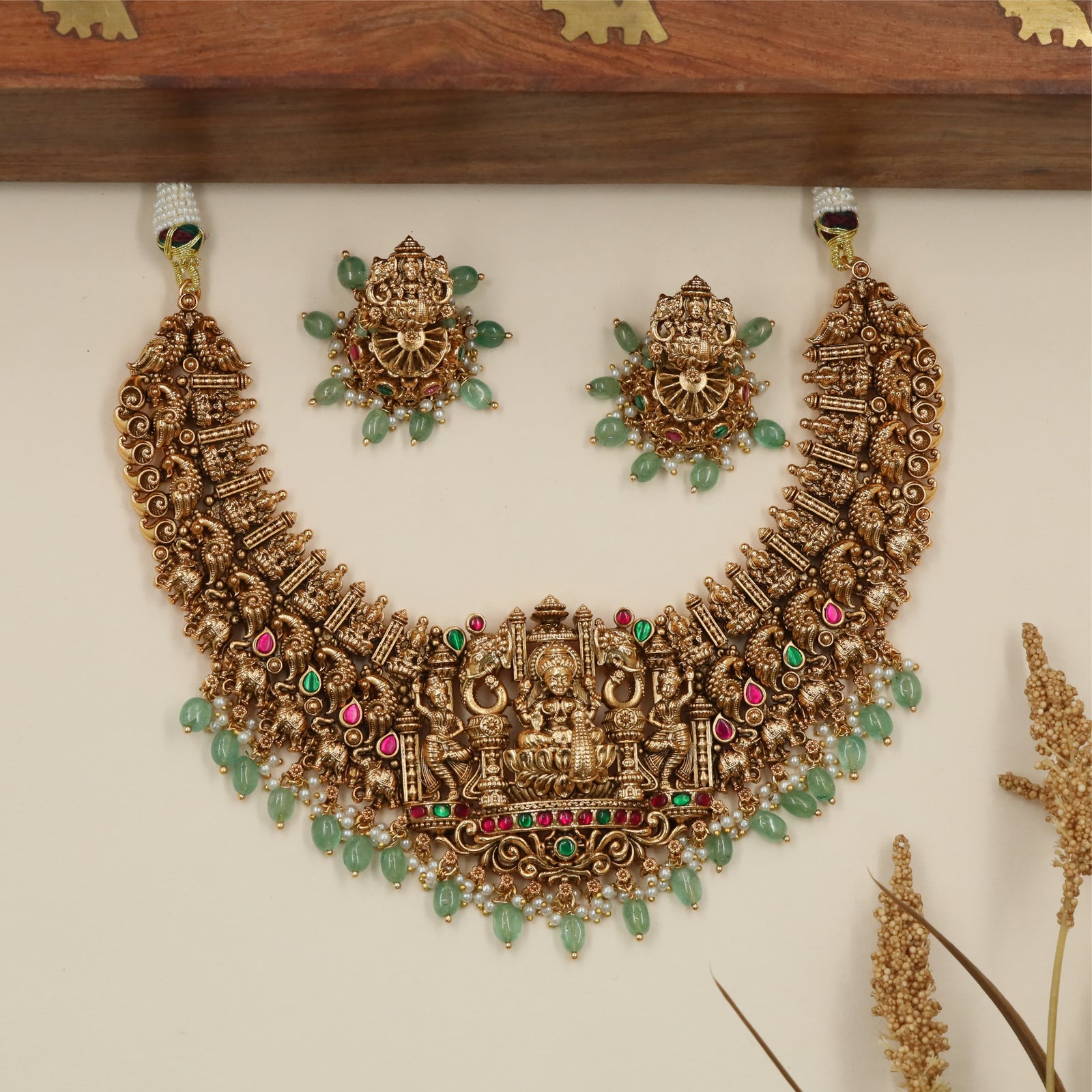 Crescent Lakshmi Antique Necklace with Temple Pillar Center Detailing