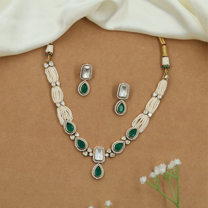 Pearl Strand Kundan Necklace with Framed Teardrop Pendant Detailing