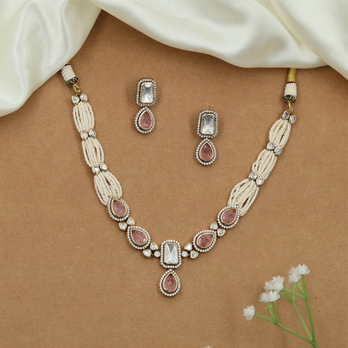 Pearl Strand Kundan Necklace with Framed Teardrop Pendant Detailing