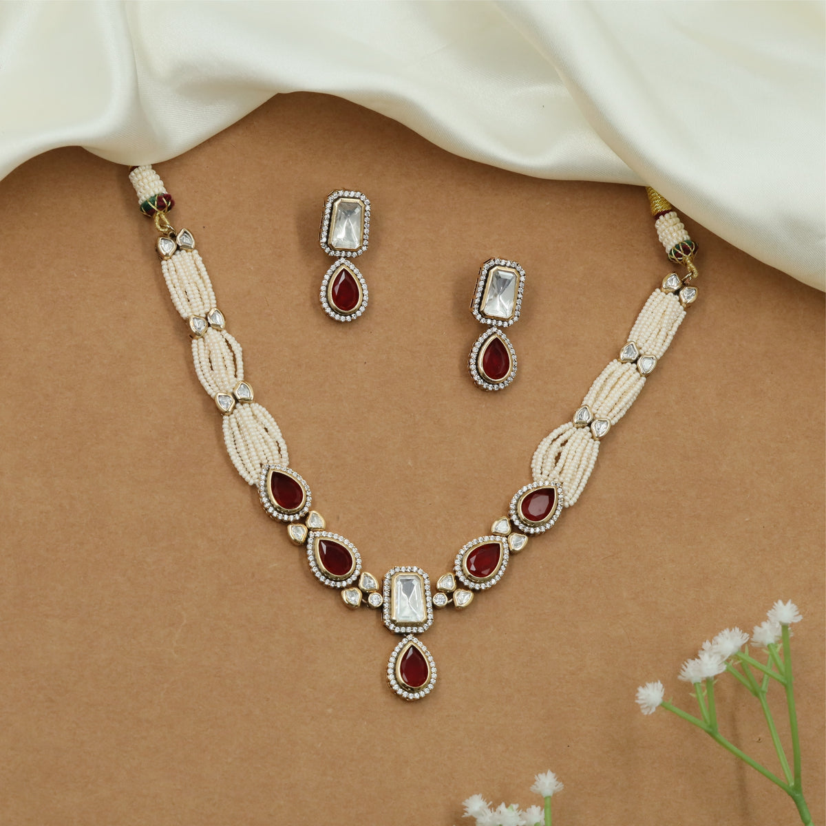 Pearl Strand Kundan Necklace with Framed Teardrop Pendant Detailing