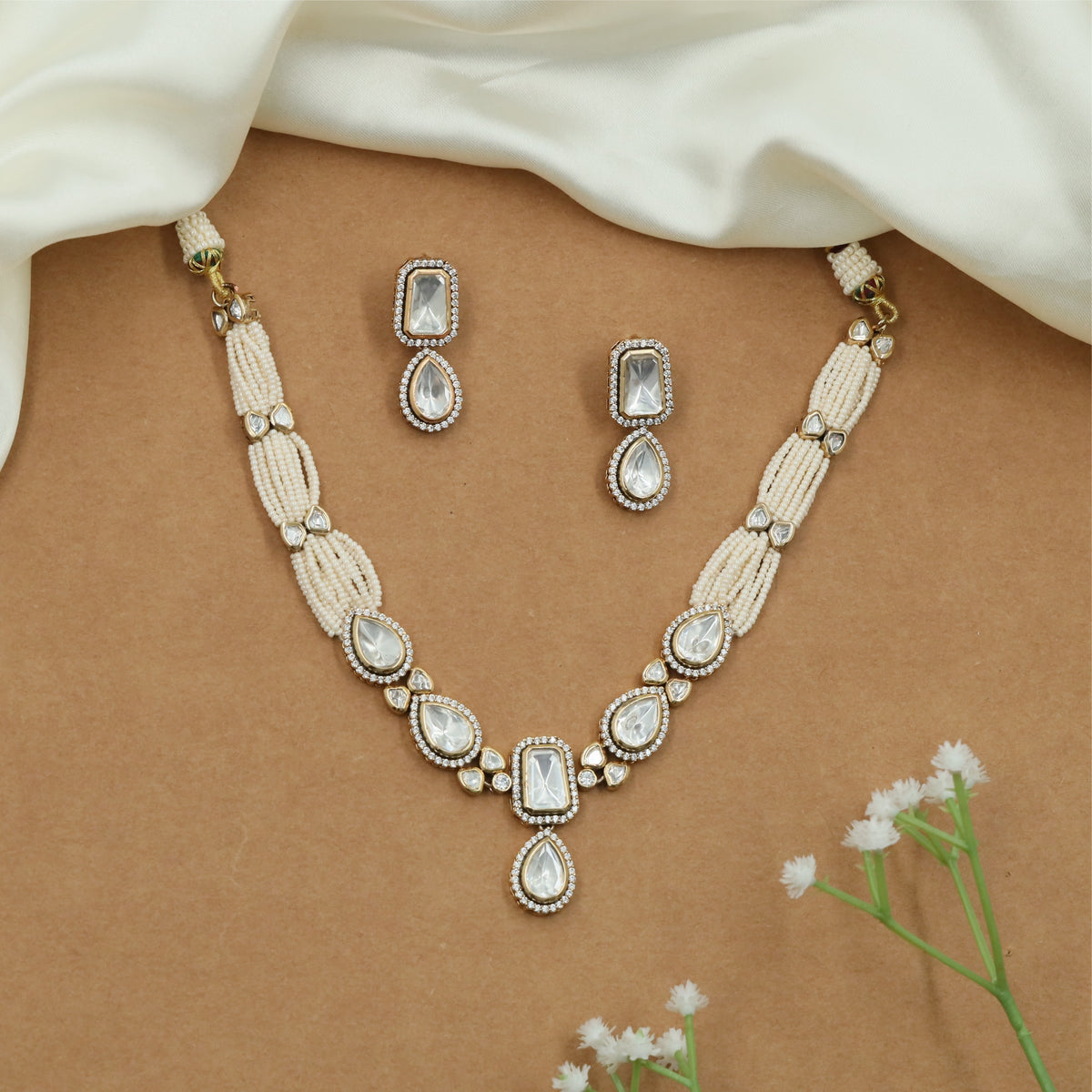 Pearl Strand Kundan Necklace with Framed Teardrop Pendant Detailing