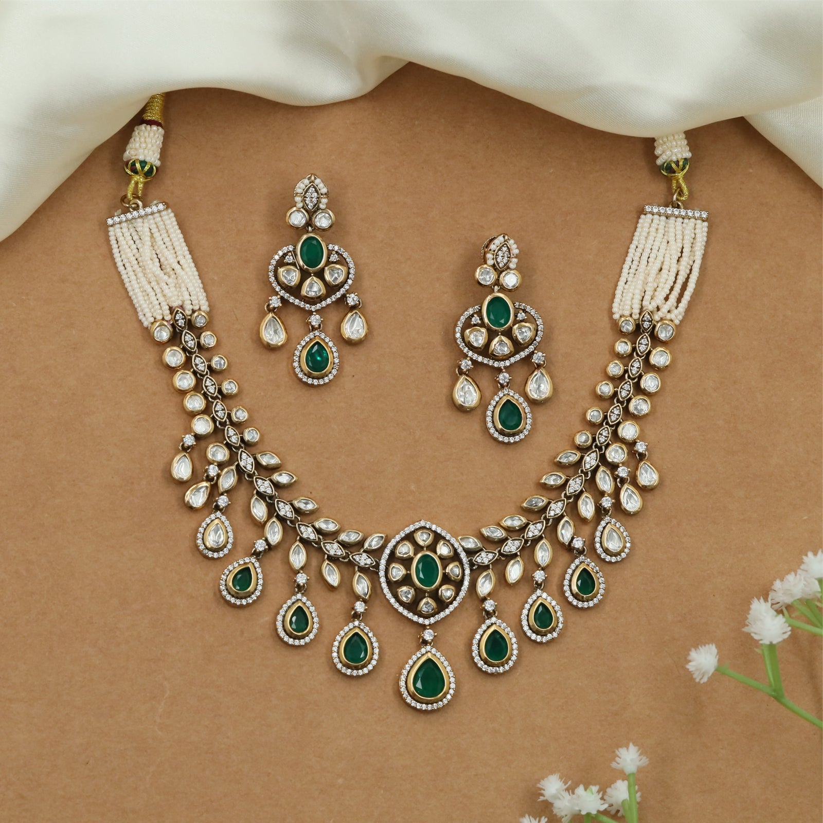 Pearl Drape Kundan Necklace with Leaf Link Drop Detailing