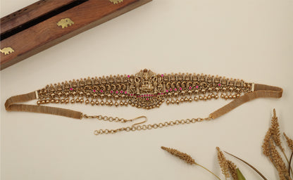 Auric Lakshmi Antique Waist Belt with Temple Crown Fringe Border
