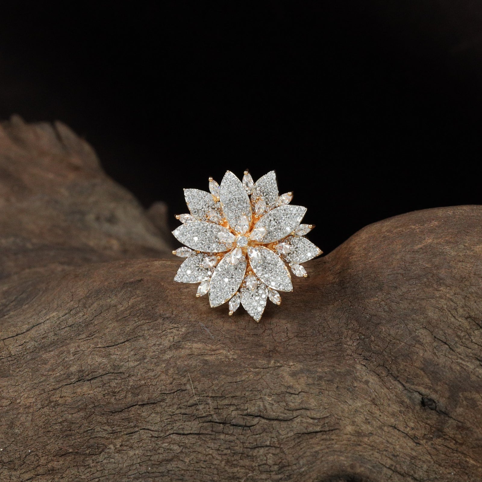 Dewdrop Petal Finger Ring with Multi Layer Floral Design