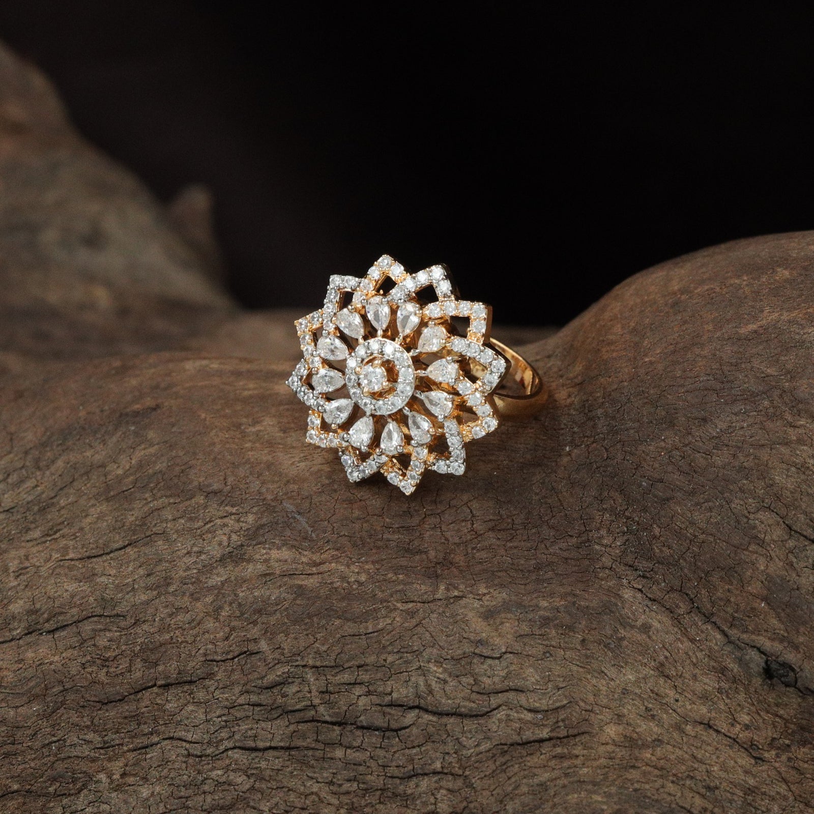 Radiant lotus‑inspired diamond finger ring design with layered brilliance