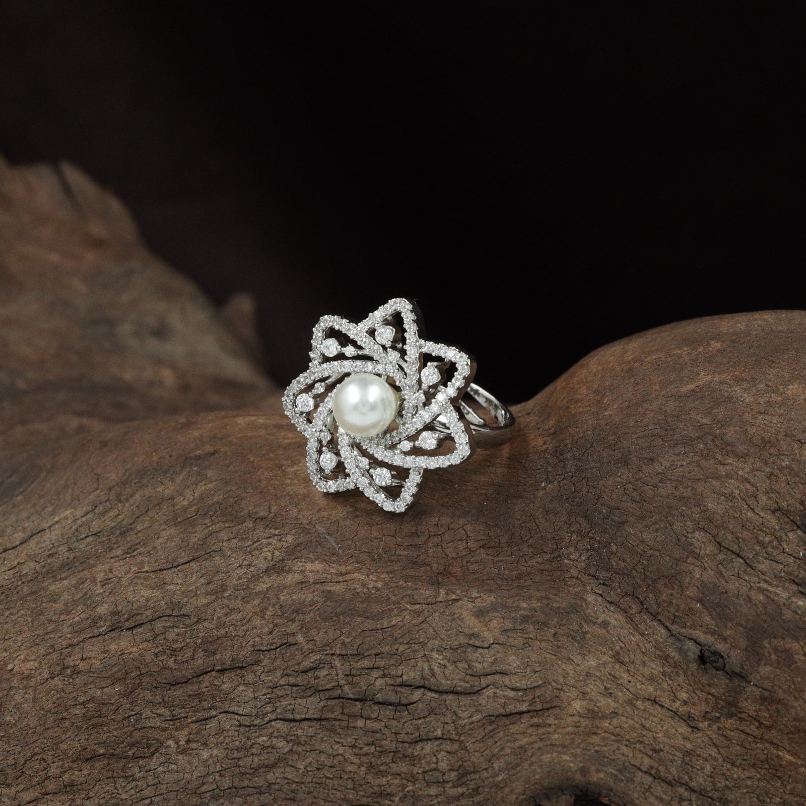 Star Petal Finger Ring with Raised Pearl Center