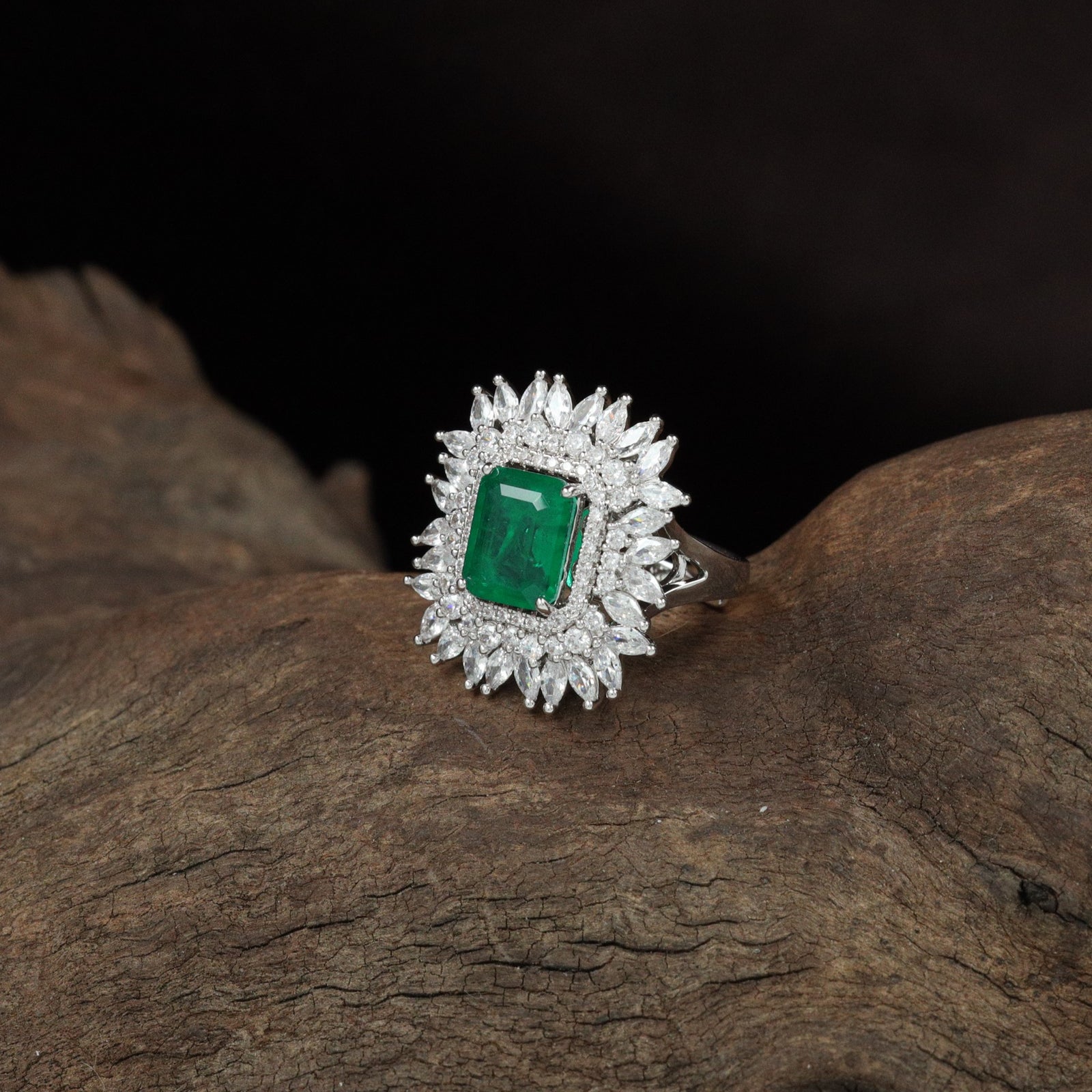 Intricate Orbit Finger Ring with Marquise Frame Styling