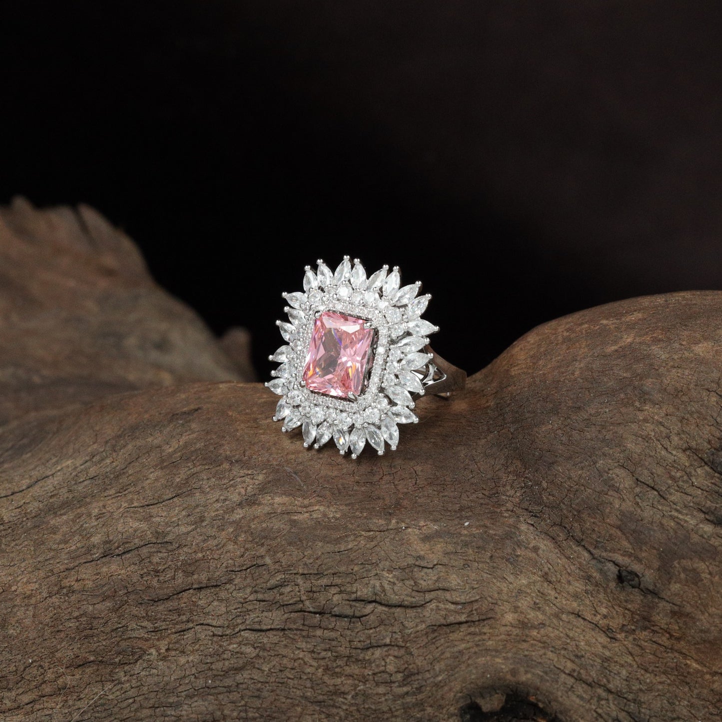 Intricate Orbit Finger Ring with Marquise Frame Styling