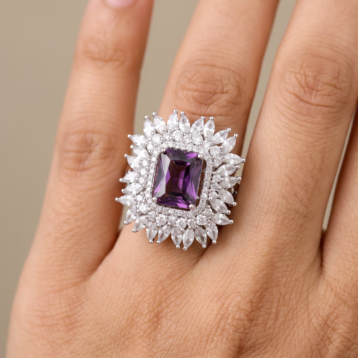 Intricate Orbit Finger Ring with Marquise Frame Styling
