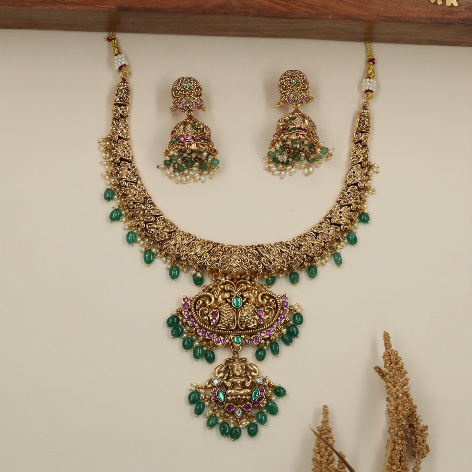 Ambercrest Lakshmi Antique Necklace with Peacock Pendant Fringe