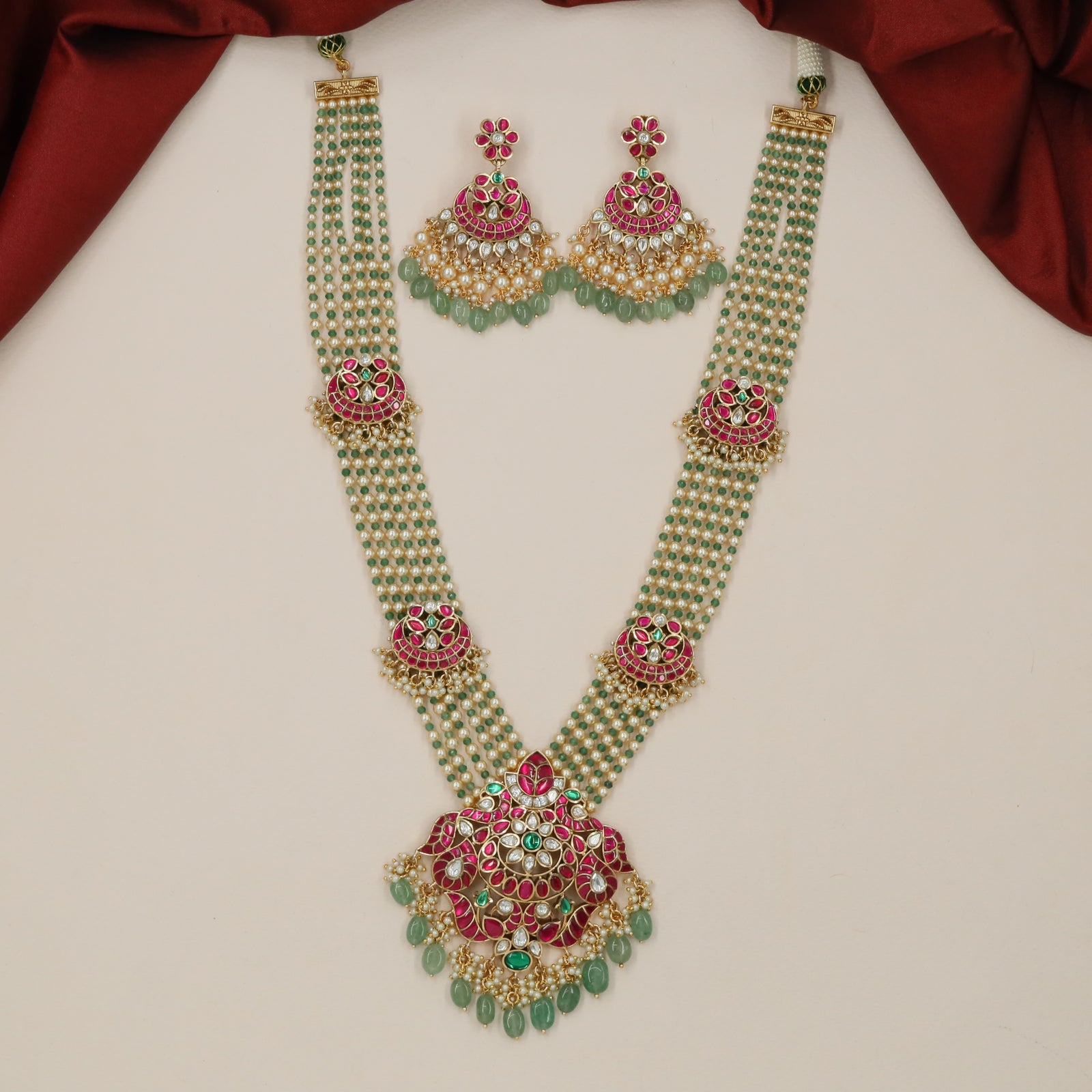 Temple Bead Line Jadau Pearl Long Haara with Floral Side Connectors and Broad Pendant
