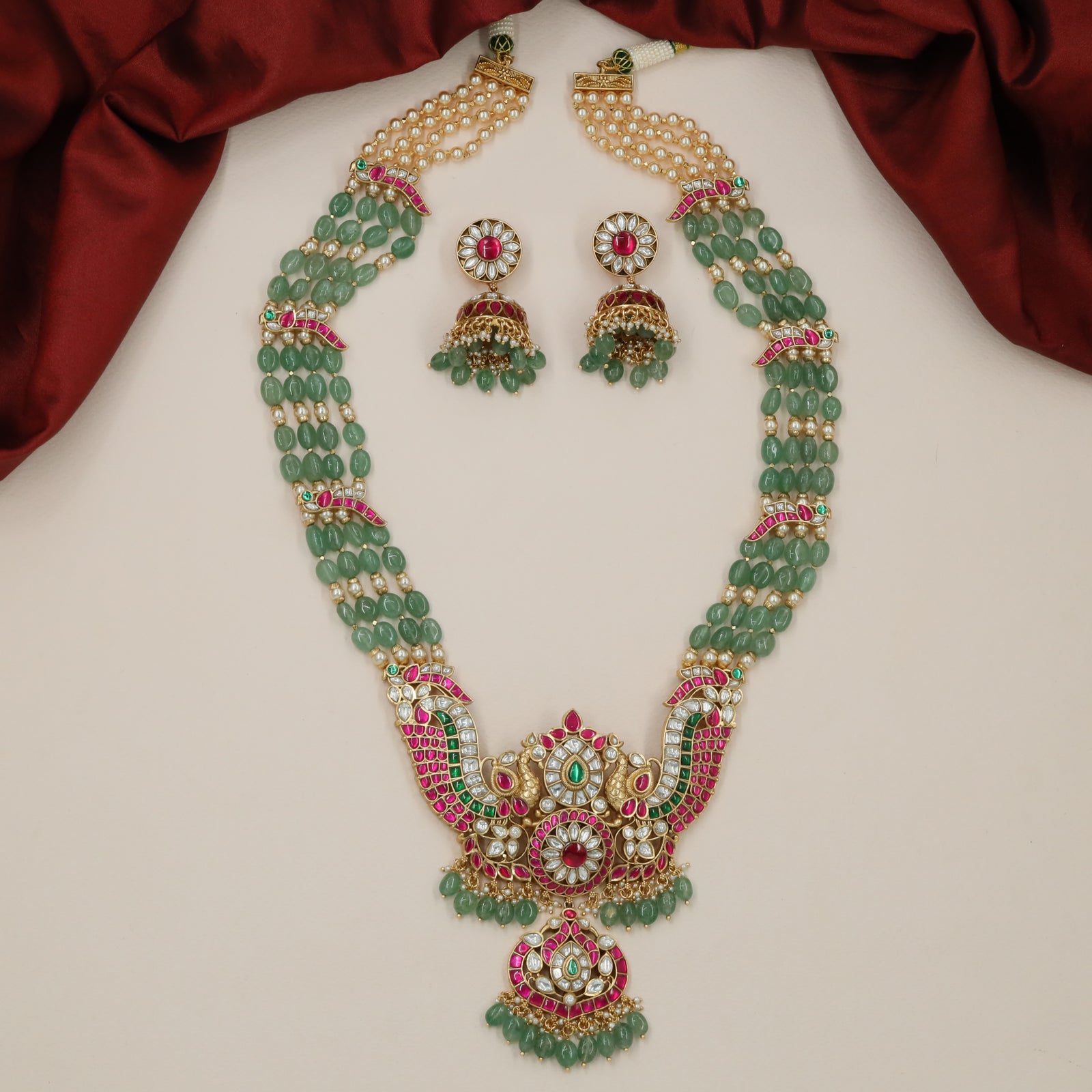 Classic Peacock Wing Jadau Long Haara with Multi Strand Bead Styling