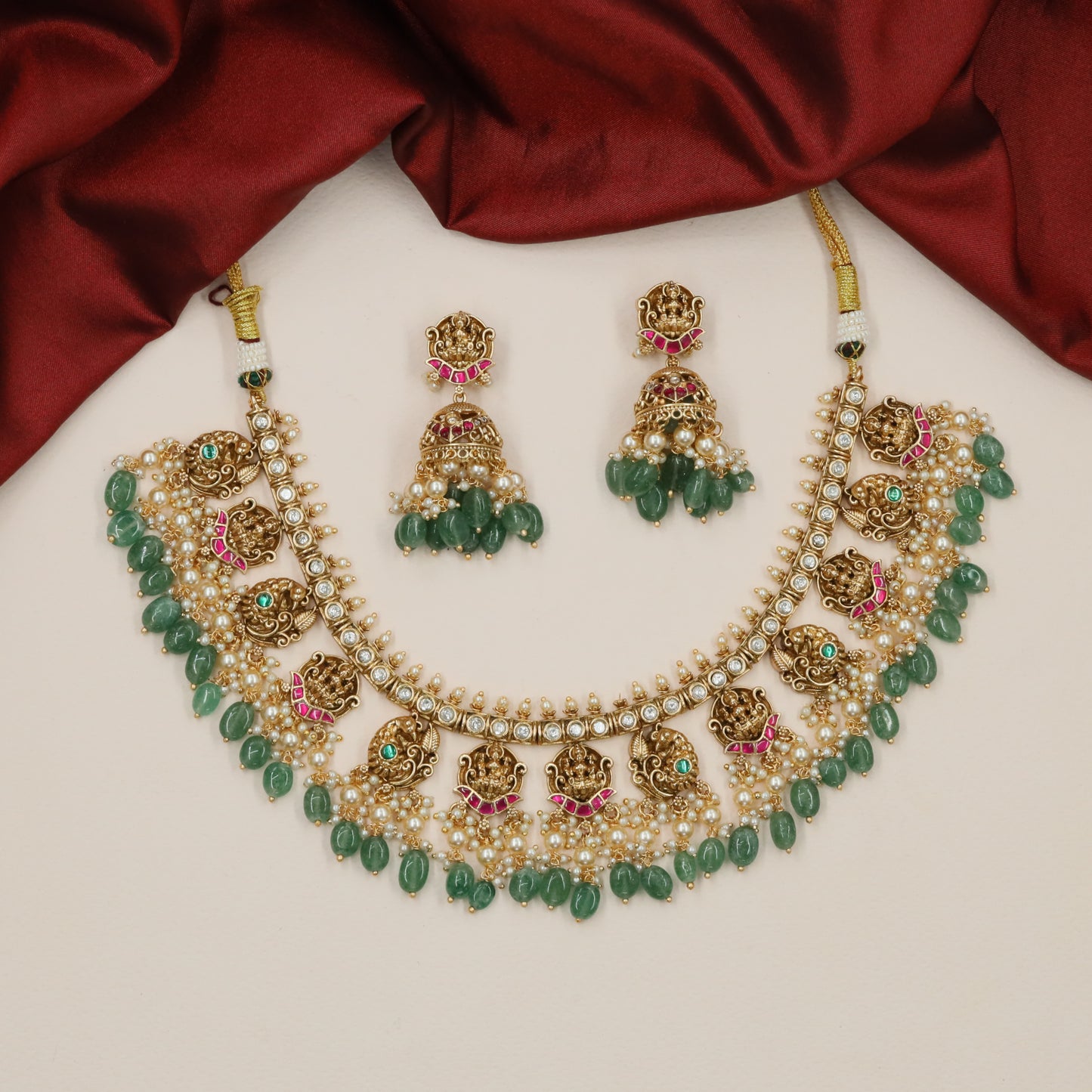 Luxury Border Work Antique Necklace with Curved Panel Styling and Pearl Hangings