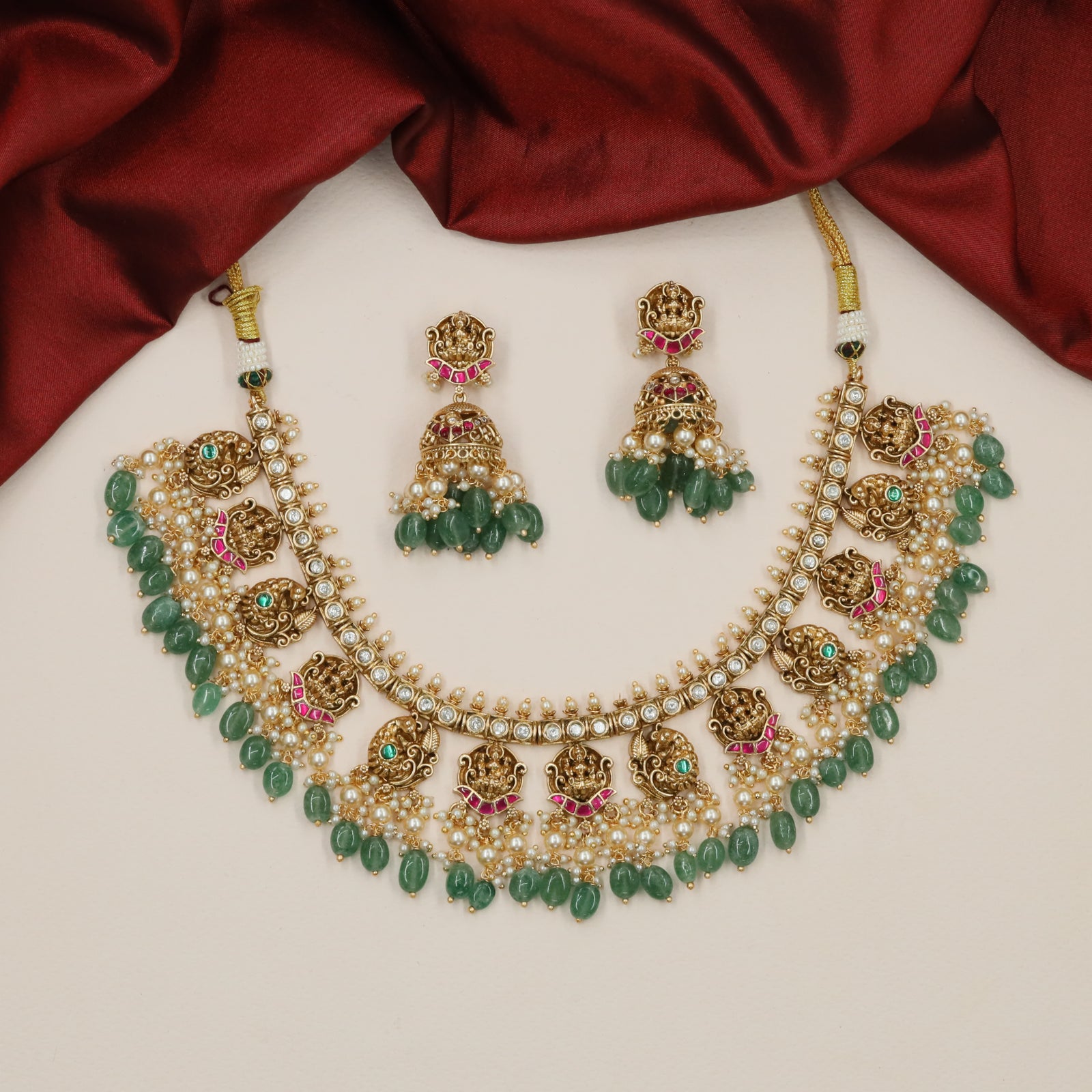 Luxury Border Work Antique Necklace with Curved Panel Styling and Pearl Hangings