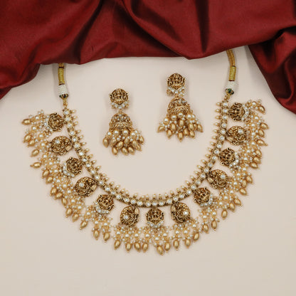 Luxury Border Work Antique Necklace with Curved Panel Styling and Pearl Hangings