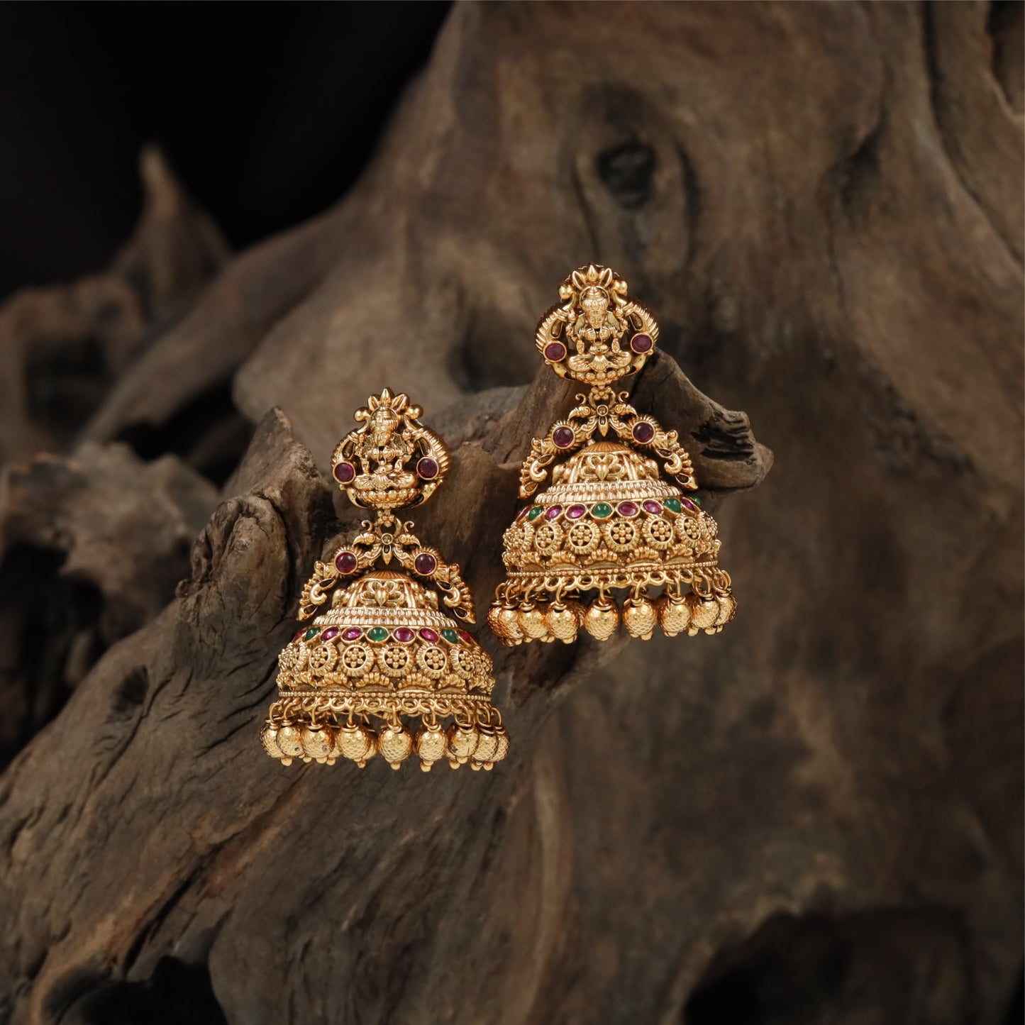 Luxury Circular Band Jumka with Lakshmi Detailing and Dome Drop Finish