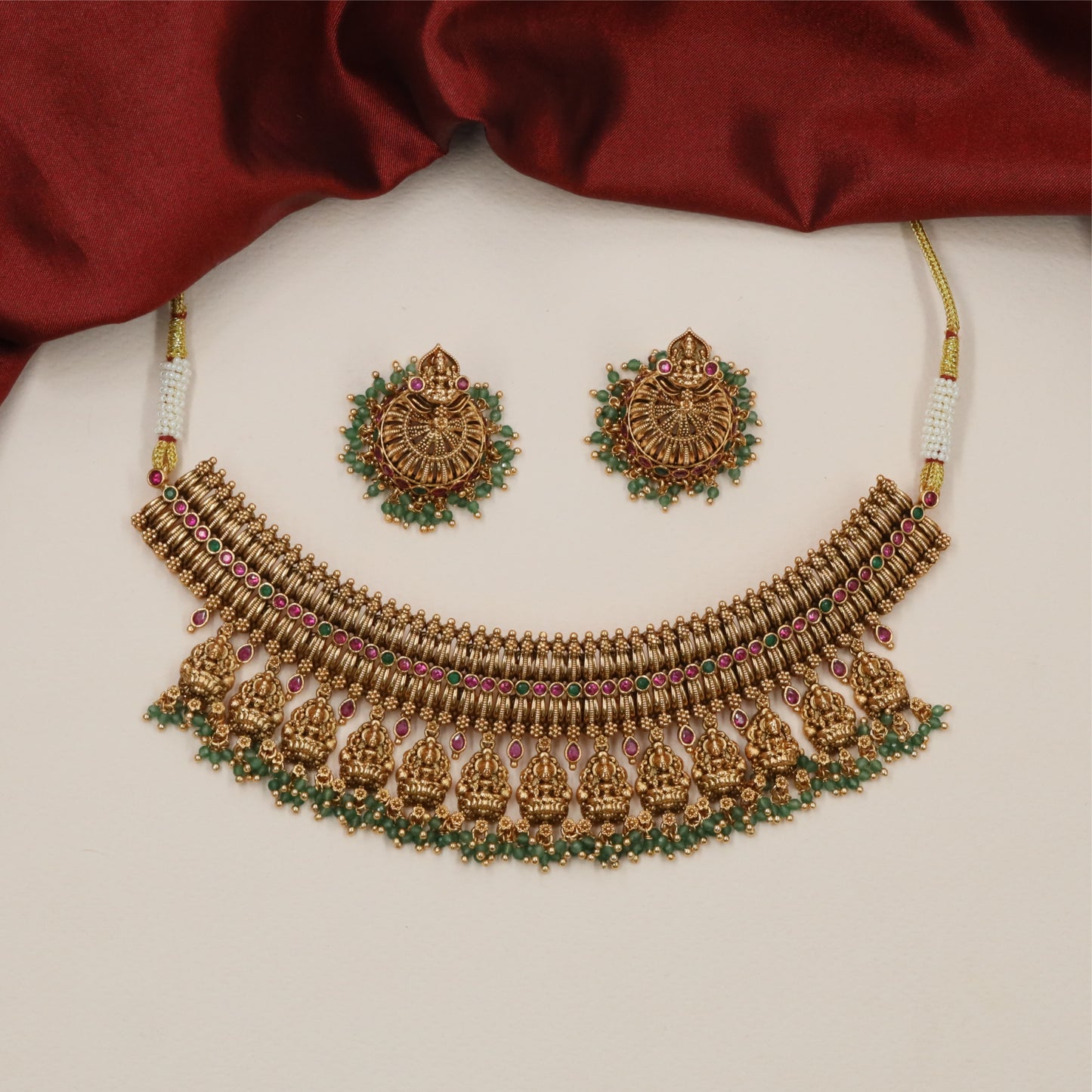 Royal Lakshmi Antique Choker with Hanging Temple Drops and Bead Border