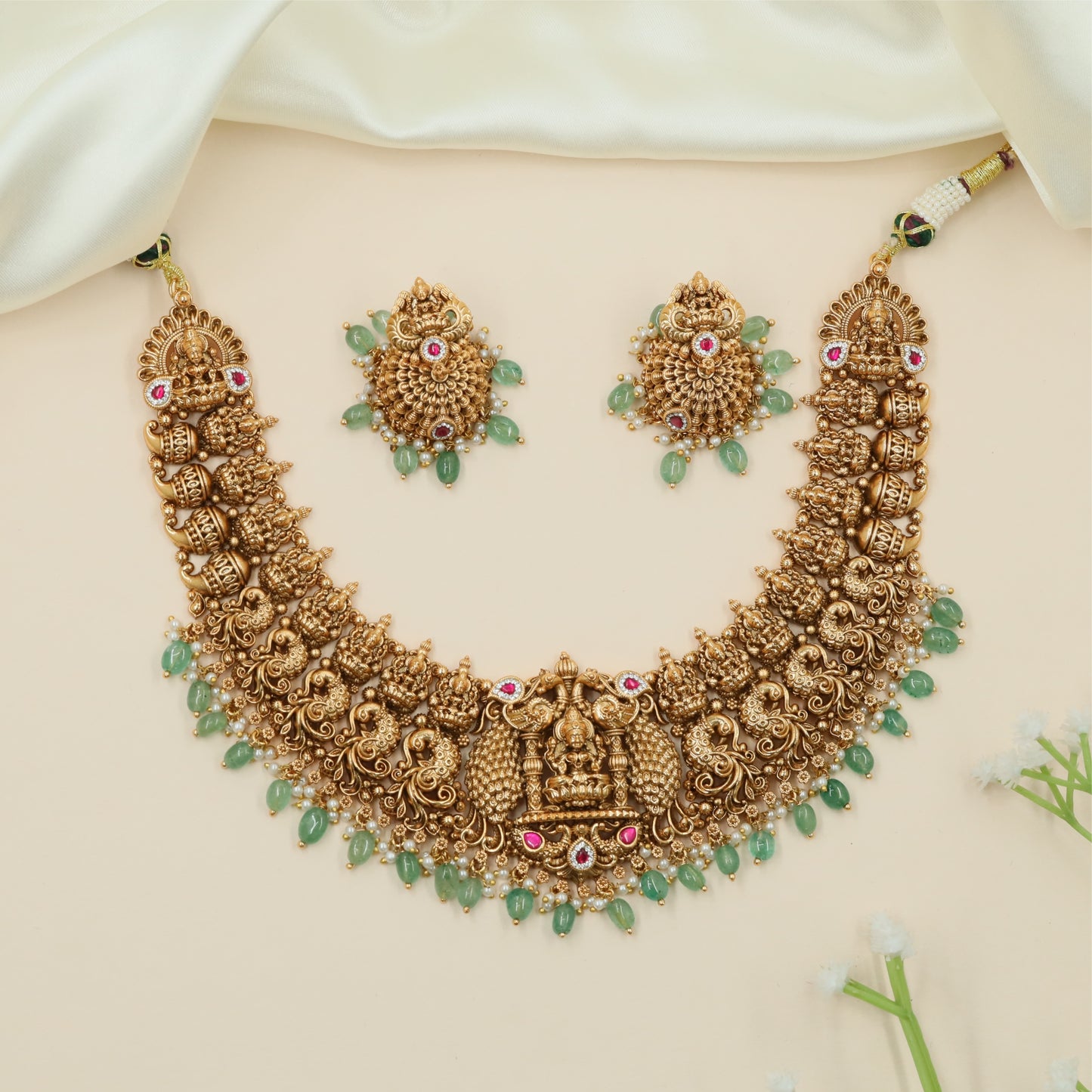Premium Peacock Sidework Antique Necklace with Grand Temple Centrepiece