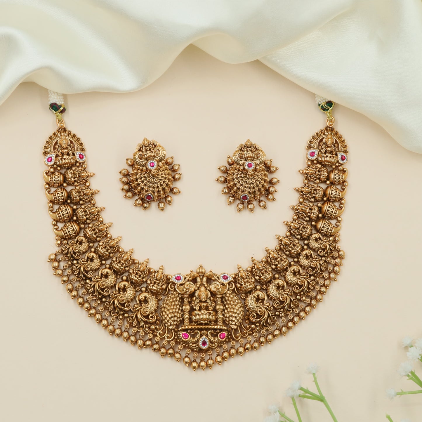 Premium Peacock Sidework Antique Necklace with Grand Temple Centrepiece