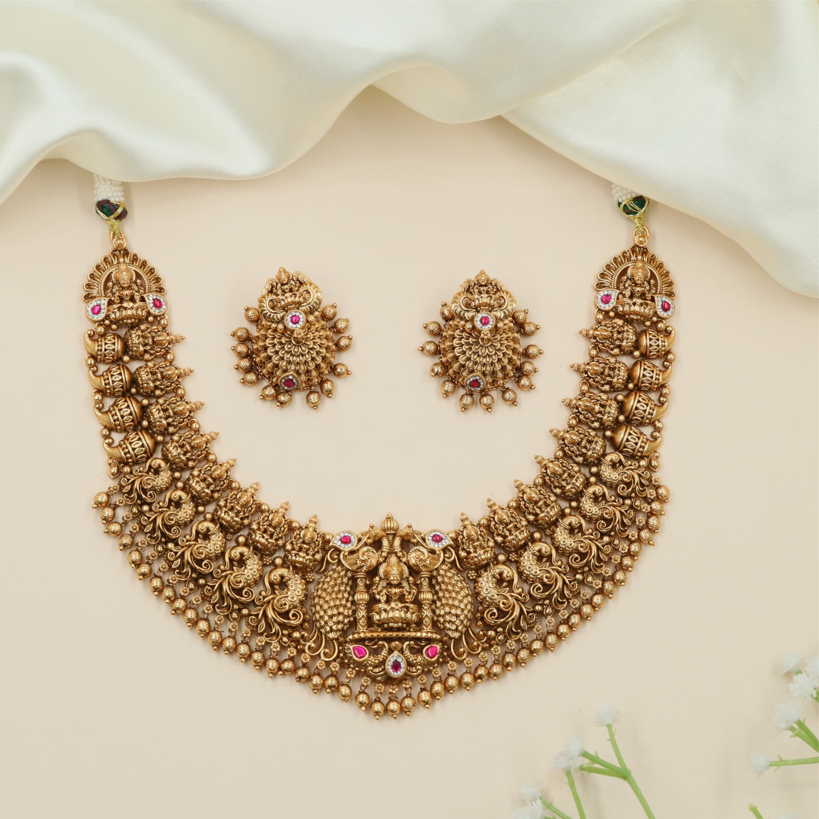 Premium Peacock Sidework Antique Necklace with Grand Temple Centrepiece