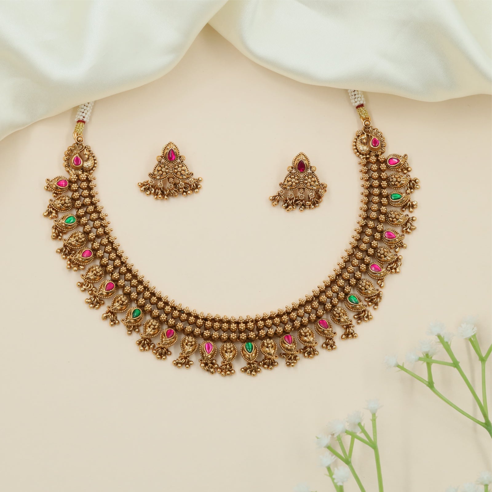 Premium Bead Work Necklace with Decorative Peacock Sections and Hanging Fringe