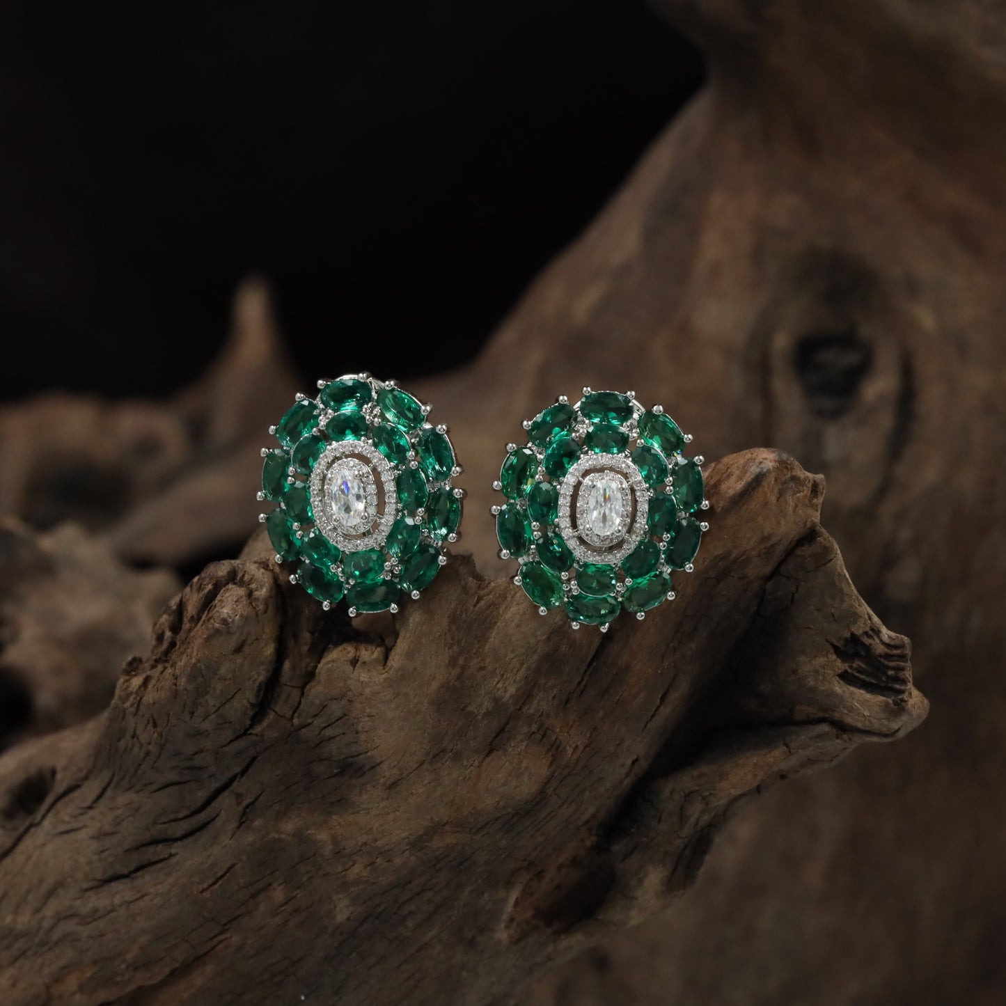Harmony Cluster Rhodium Stud with Floral Oval Frame