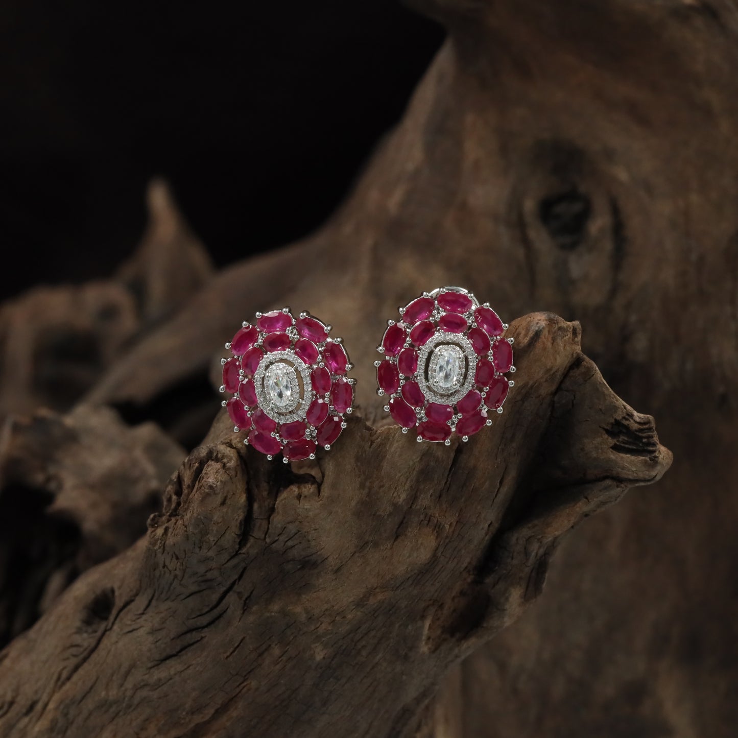 Harmony Cluster Rhodium Stud with Floral Oval Frame