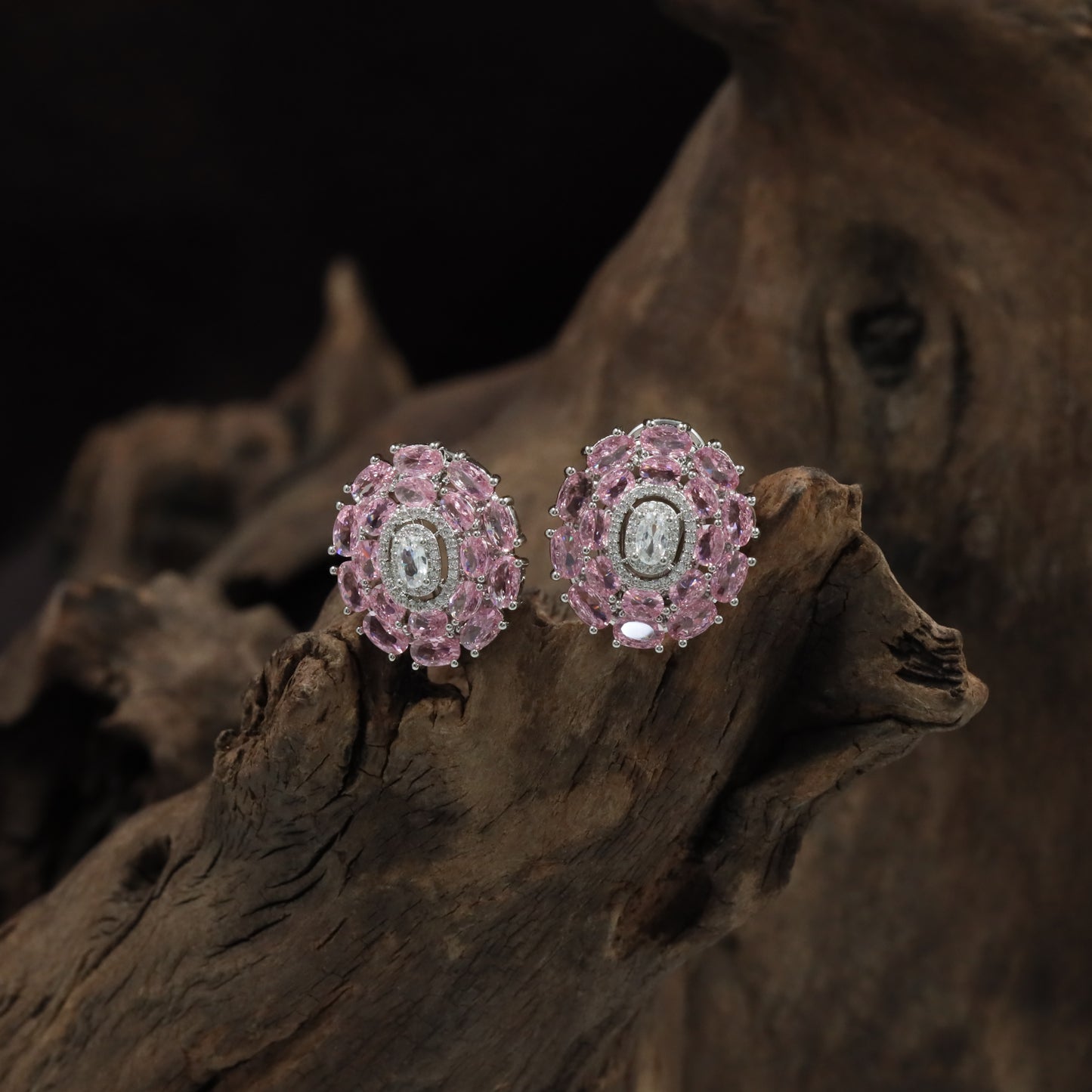 Harmony Cluster Rhodium Stud with Floral Oval Frame