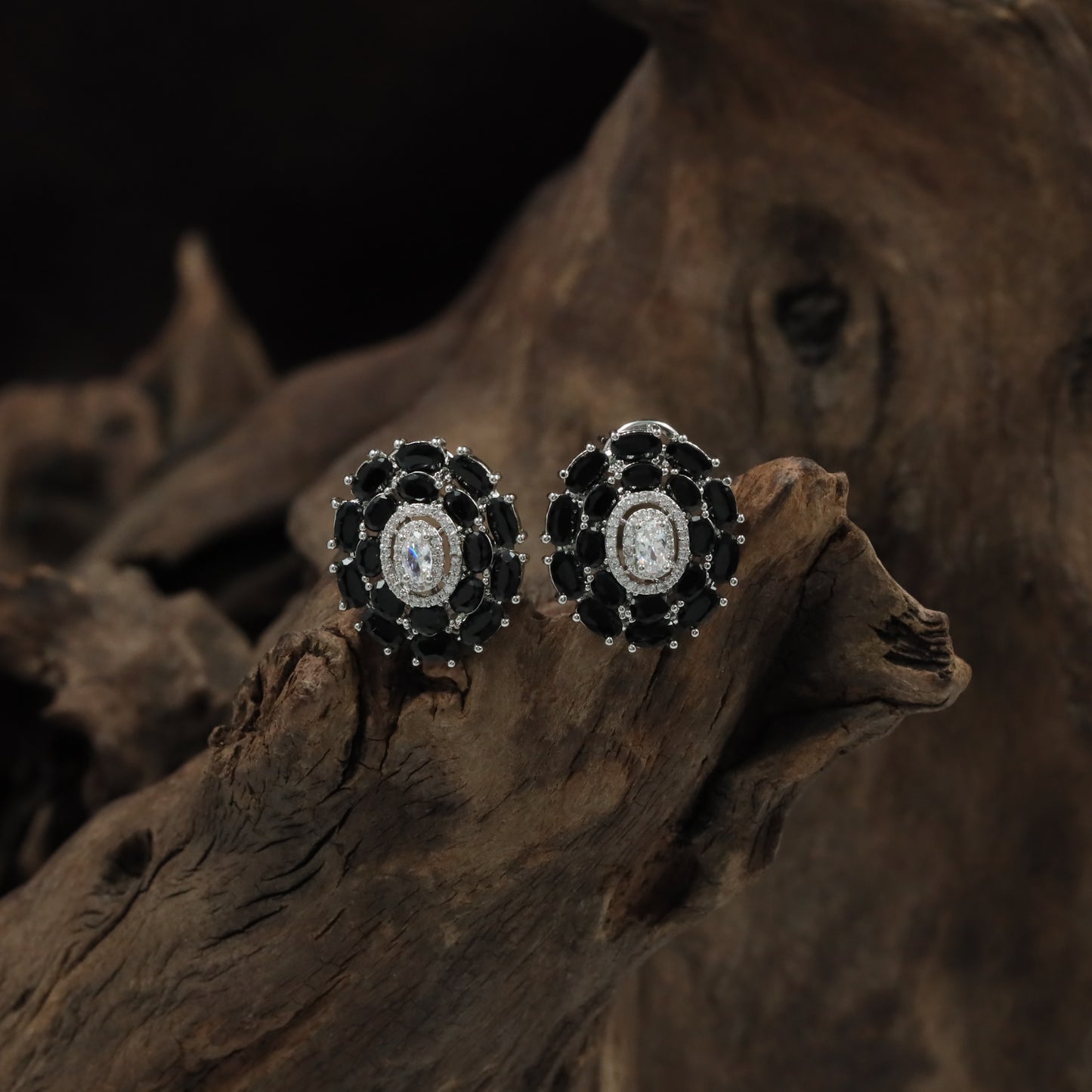 Harmony Cluster Rhodium Stud with Floral Oval Frame