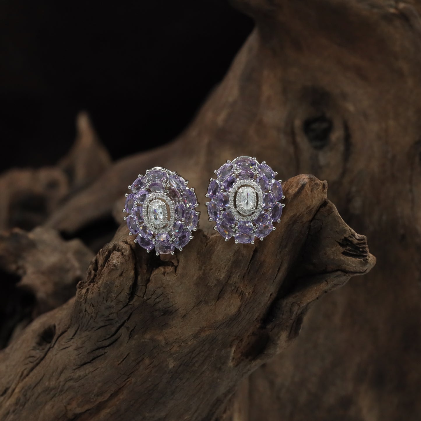 Harmony Cluster Rhodium Stud with Floral Oval Frame