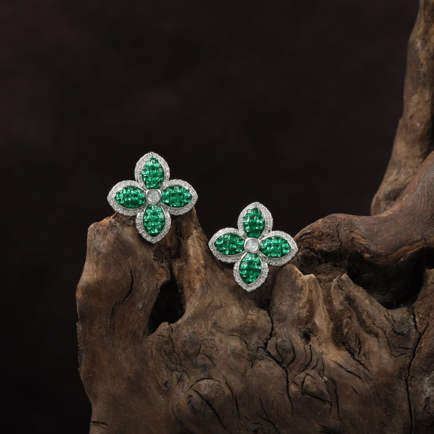 Bloom Petal Rhodium Stud with Rounded Flower Arrangement