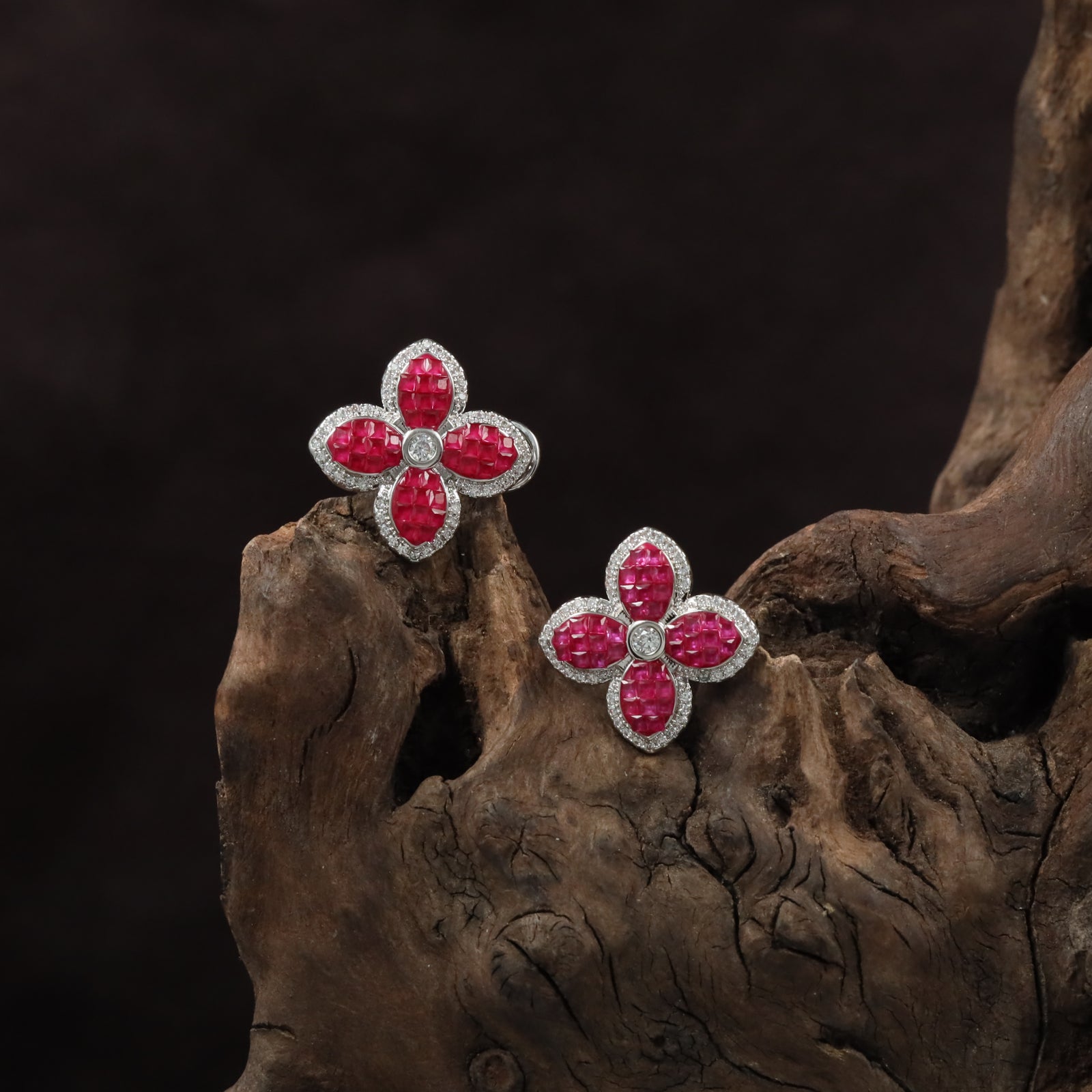 Bloom Petal Rhodium Stud with Rounded Flower Arrangement