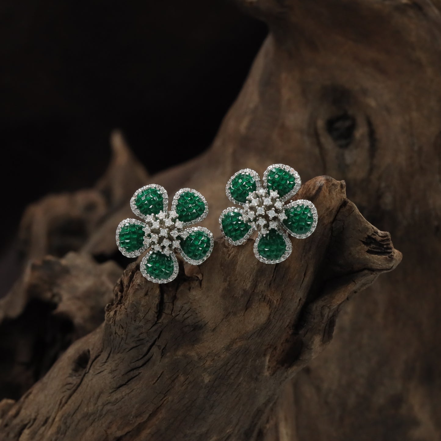 Crown Blossom Rhodium Stud with Rounded Petal Detailing