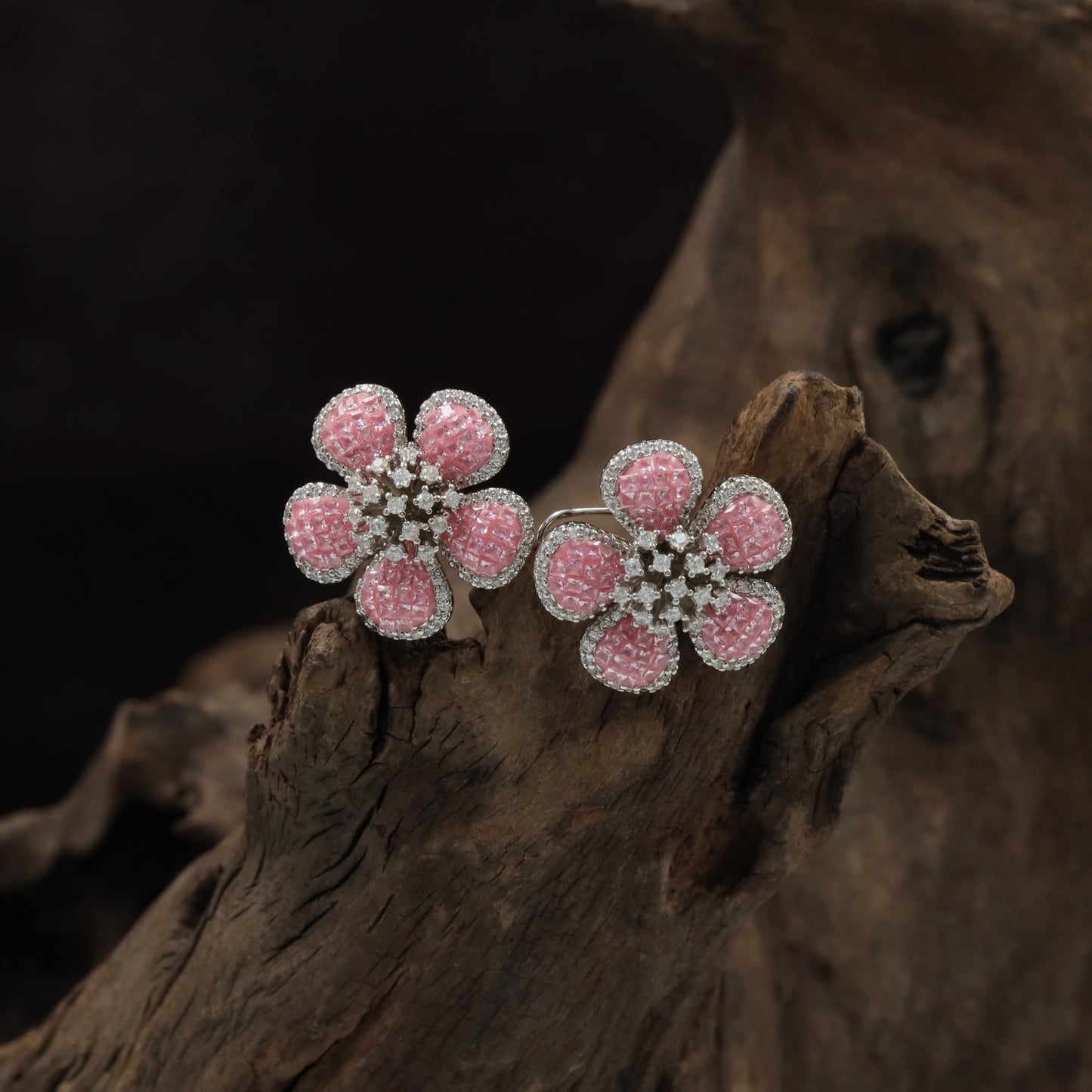 Crown Blossom Rhodium Stud with Rounded Petal Detailing