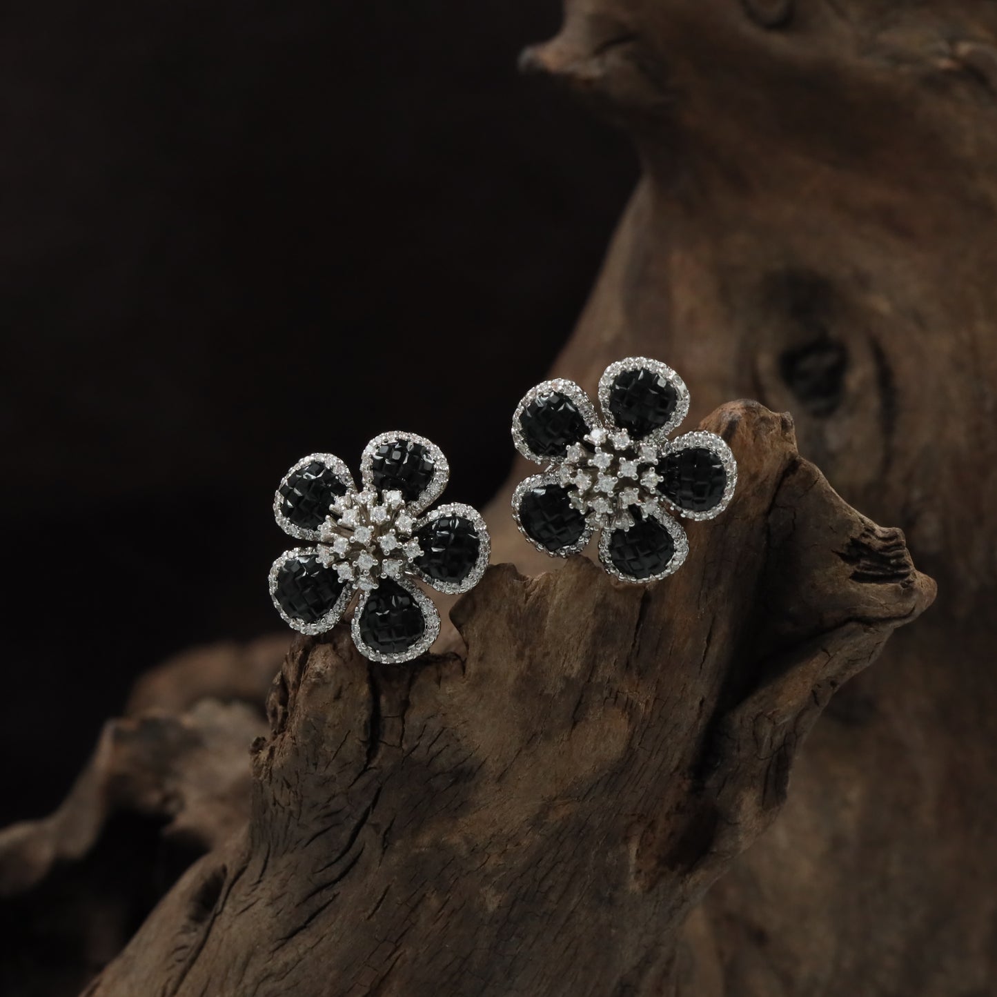 Crown Blossom Rhodium Stud with Rounded Petal Detailing