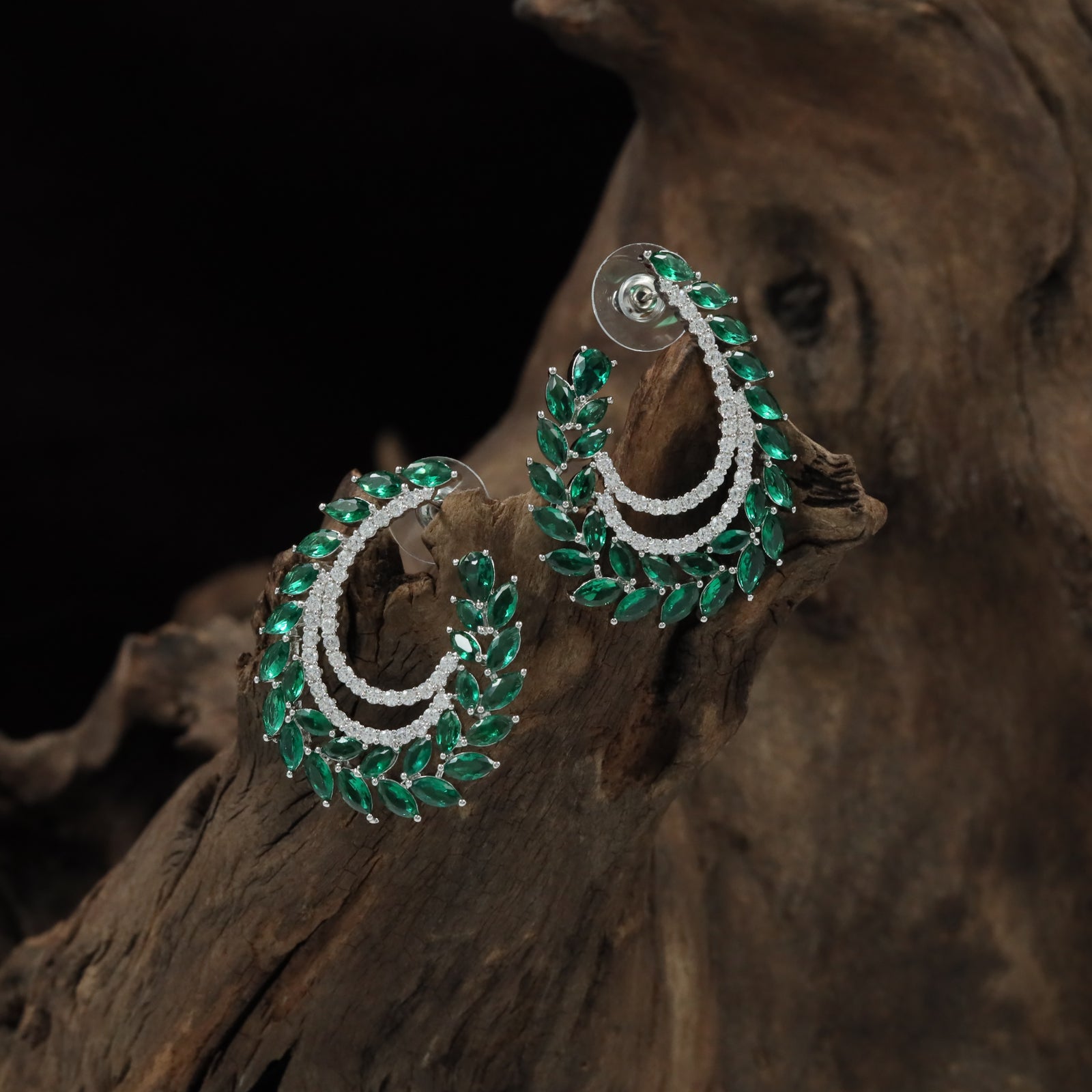 Floral Crescent Rhodium Stud with Double Layer Curve Styling