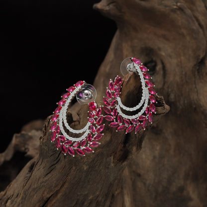 Floral Crescent Rhodium Stud with Double Layer Curve Styling