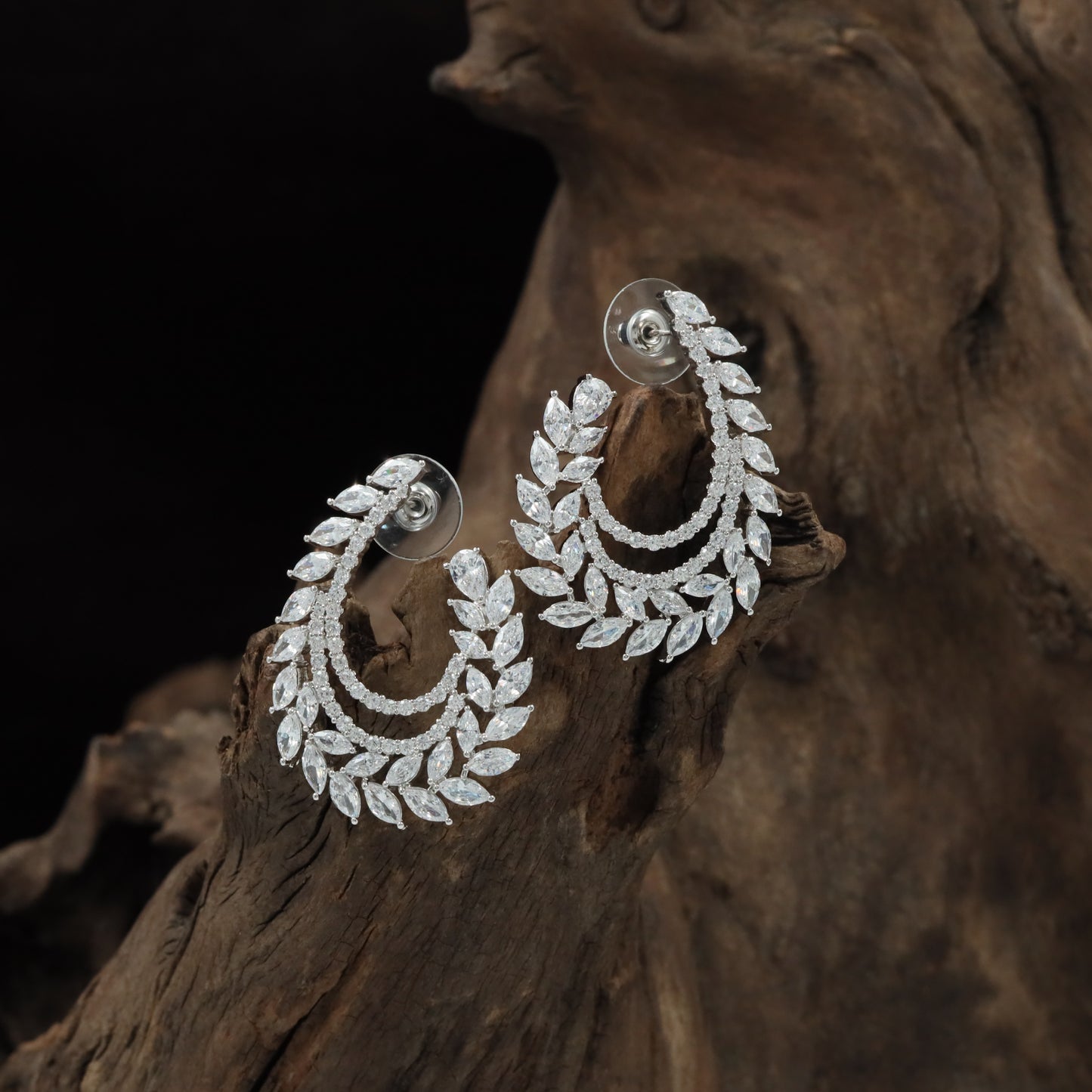Floral Crescent Rhodium Stud with Double Layer Curve Styling