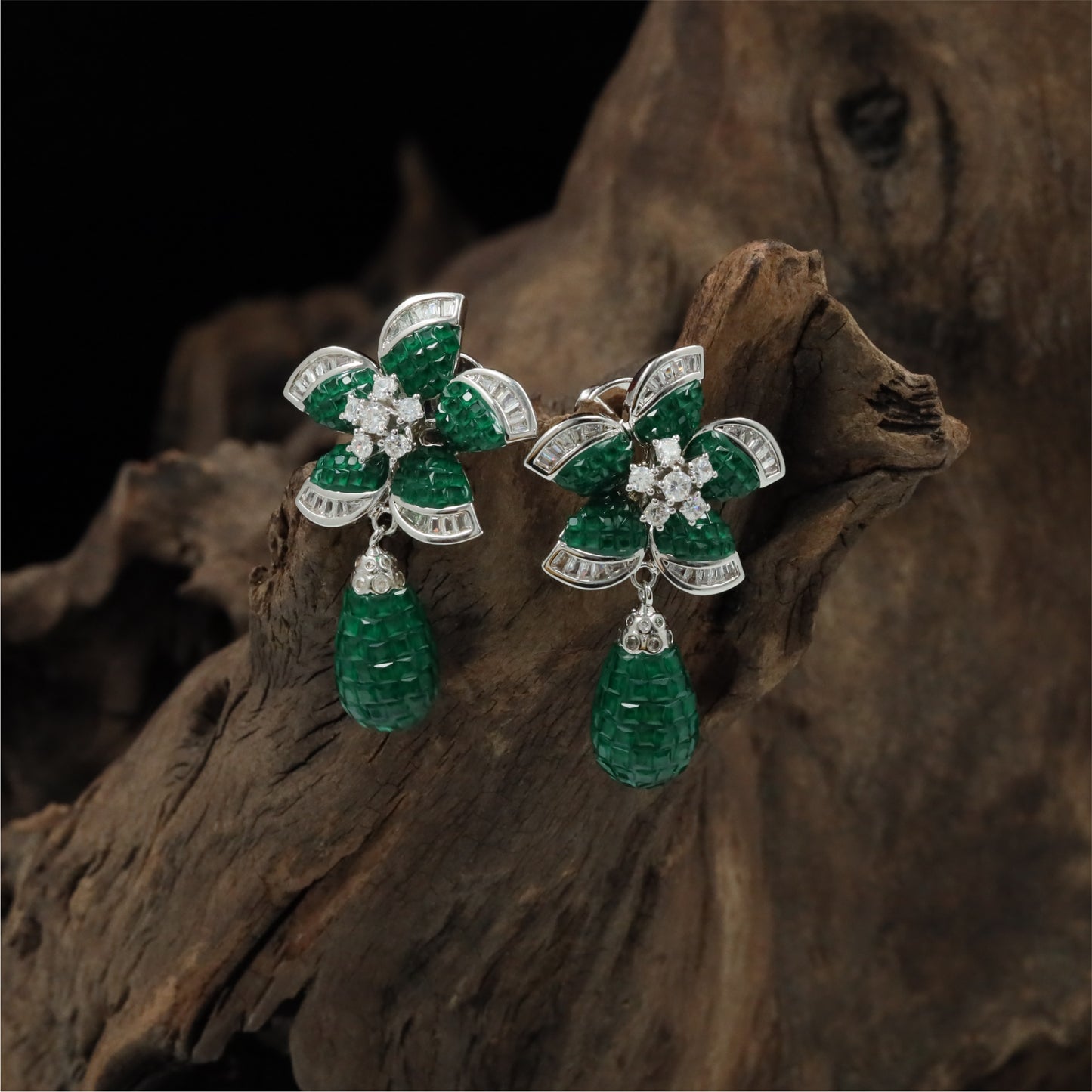Traditional Flower Layout Rhodium Stud with Decorative Petal Detailing