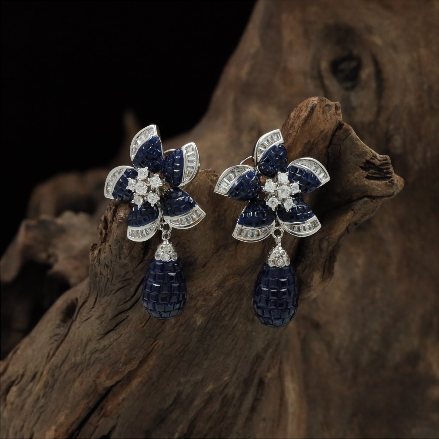 Traditional Flower Layout Rhodium Stud with Decorative Petal Detailing